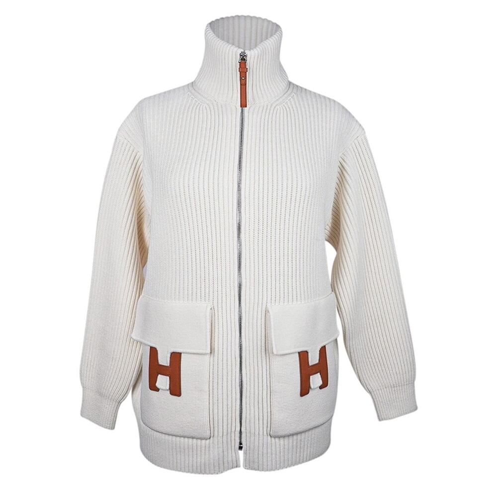 Hermes H Pocket Logo Blanc Zip Up Zipper Cardigan Sweater Wool Knit Jacket 38 - Picture 5 of 16